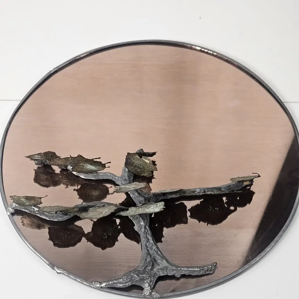 Art Deco Mid Century Modern Sculptural Copper Metal Botanical Wall Mirror